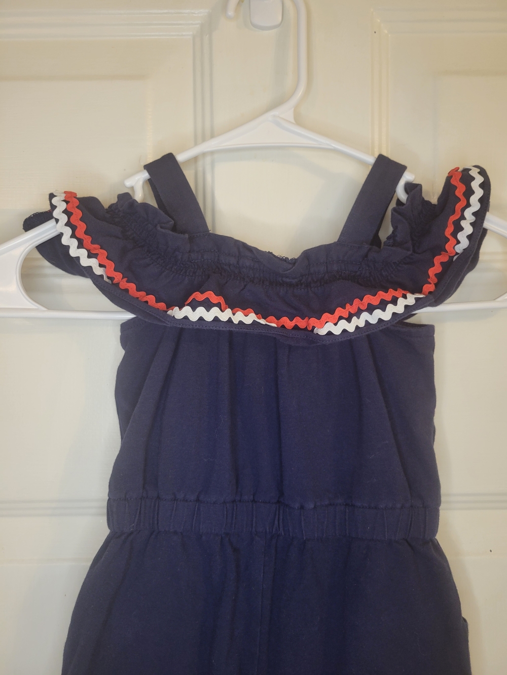 Janie And Jack Navy Off-Shoulder Romper with Red & White Trim - Picture 7 of 7